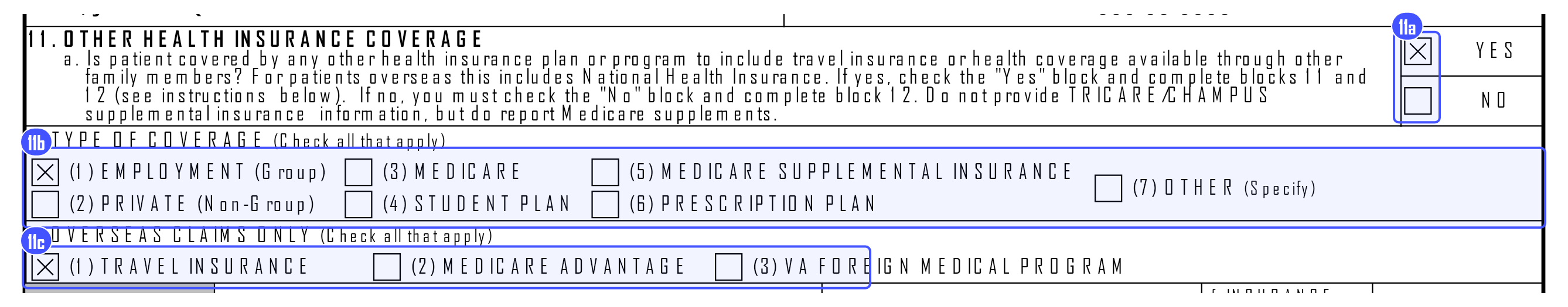 Block 11, parts a to c, of the DD Form 2642: the yes and no boxes, the types of coverage and the overseas coverage choices