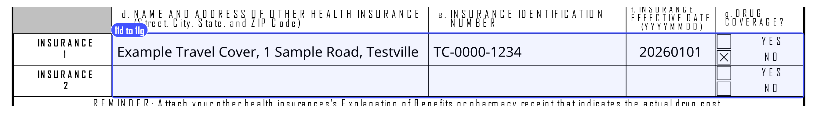Block 11, parts d to g, of the DD Form 2642: the plan’s name and address, identification number, effective date and drug coverage