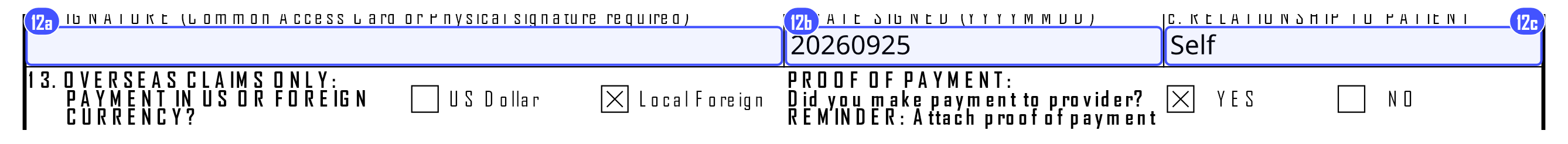 Block 12 of the DD Form 2642: the signature, the date signed and the relationship to the patient