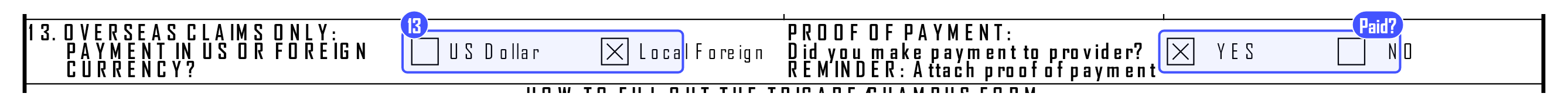Block 13 of the DD Form 2642: payment in U.S. dollars or local foreign currency, and whether you paid the provider