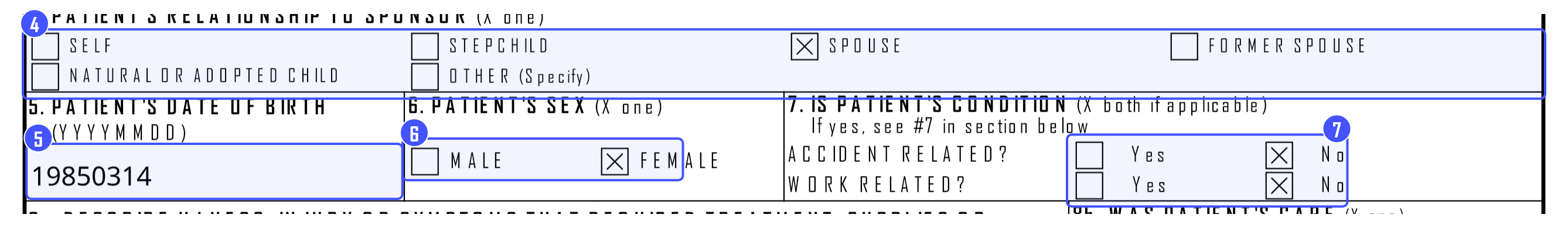 Blocks 4 to 7 of the DD Form 2642 filled in: relationship to the sponsor, date of birth, sex, and accident or work related