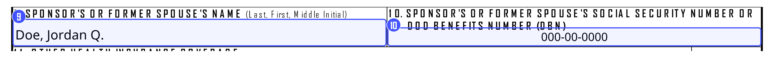 Blocks 9 and 10 of the DD Form 2642 filled in with the sponsor’s name and number
