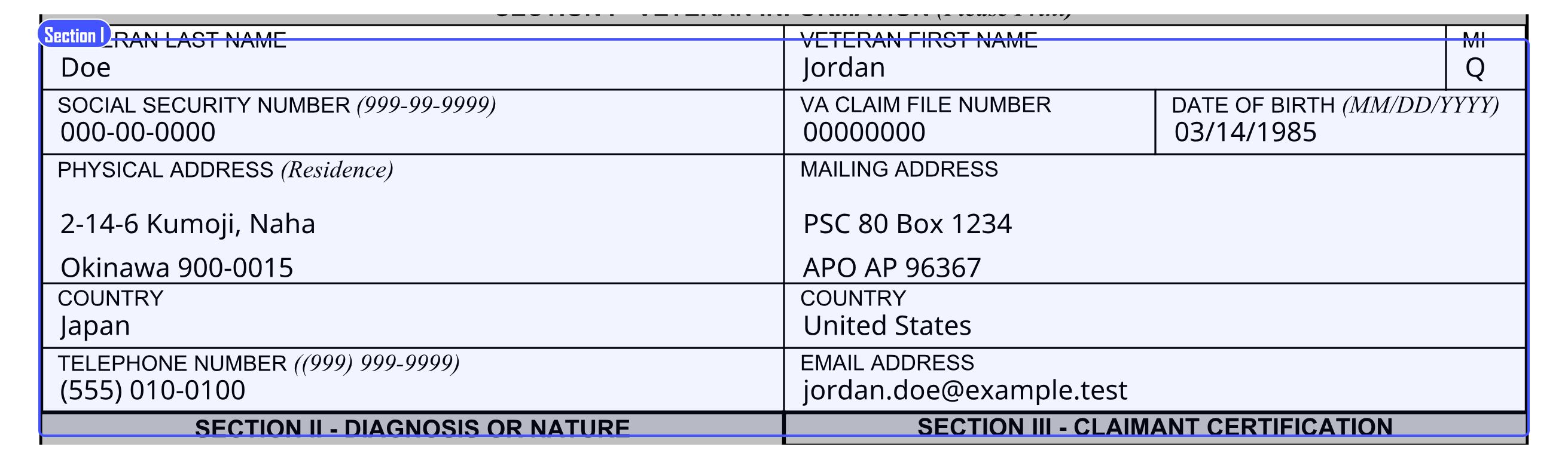 Section I of VA Form 10-7959f-2, filled in with example veteran information
