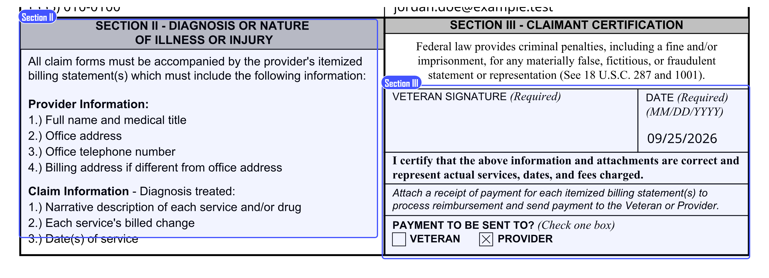 Sections II and III of VA Form 10-7959f-2, showing the itemized bill requirements and the certification, signature and payee choice